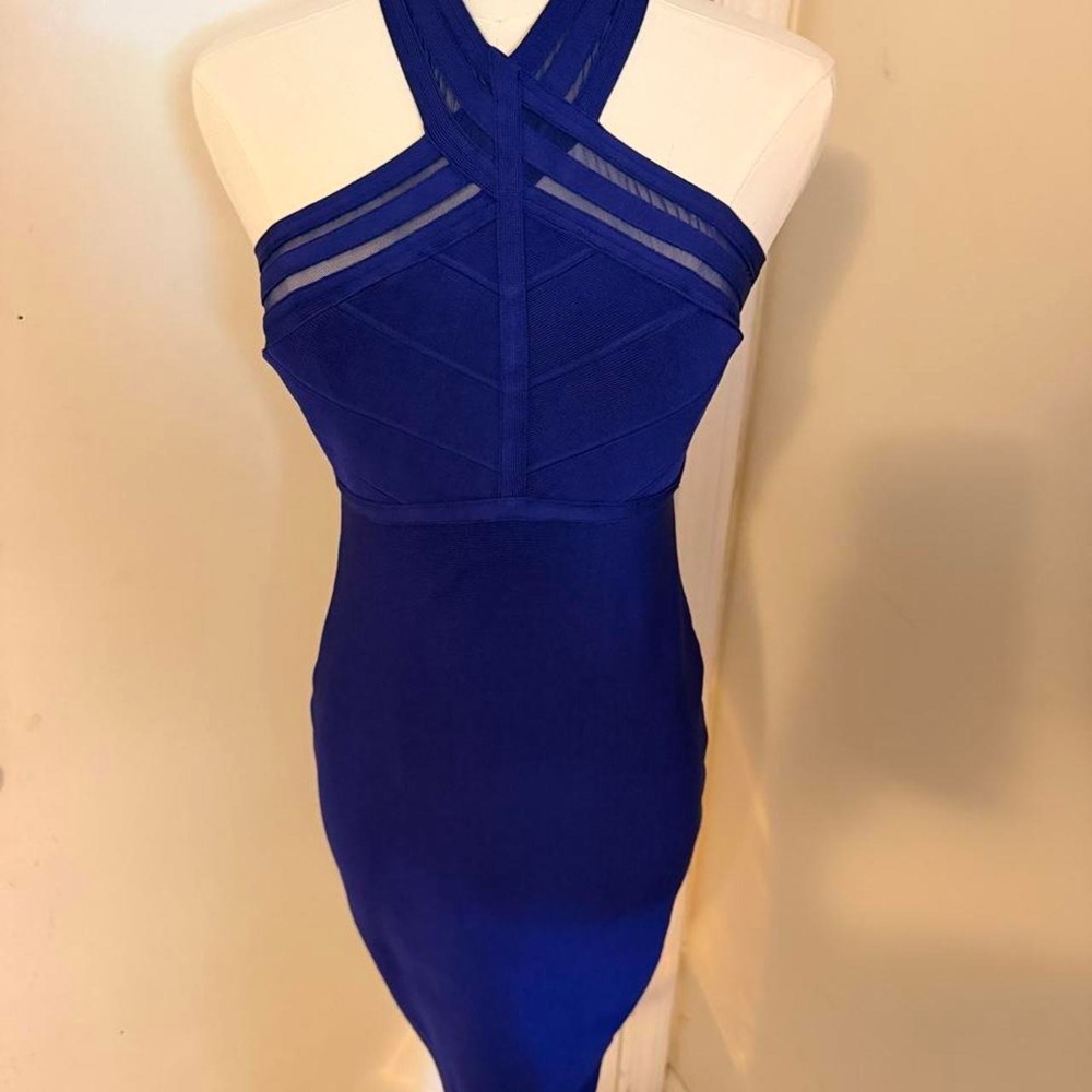 Blue halter neck bandage dress with mesh detail, size M